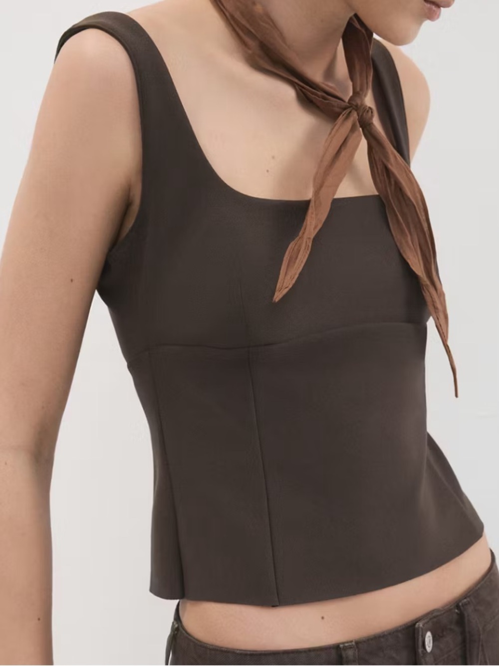Mango Square-Neck Brown Sleeveless Camisole FITTED V-NECK TOP 7145